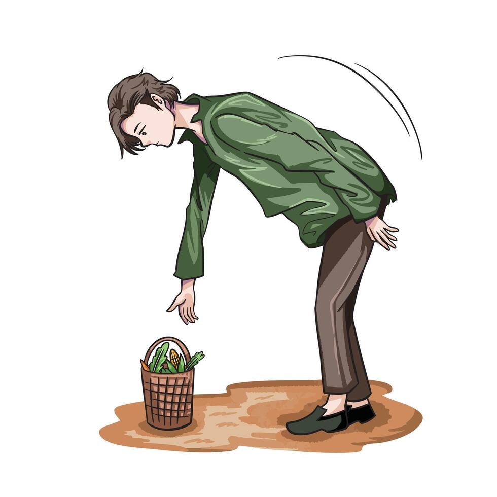 Young man with brown hair and green shirt bow to grab vegetable basket illustration isolated on white background. vector