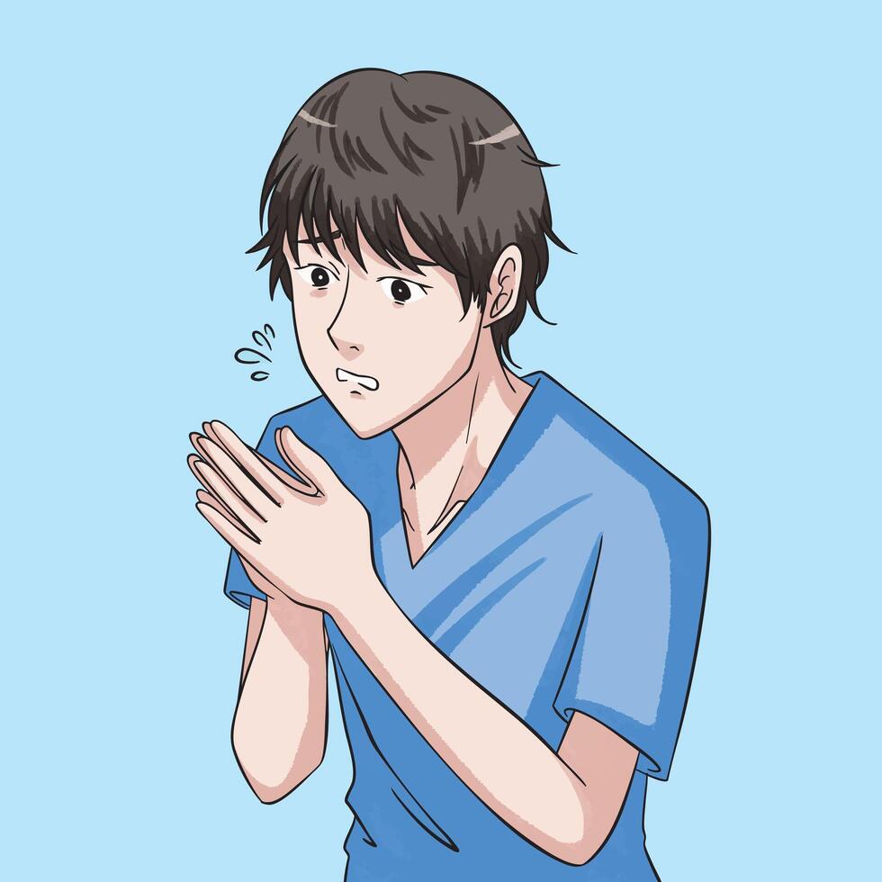 Apologetic young man wearing blue shirt with clasped hand gesture illustration isolated on square blue background. vector