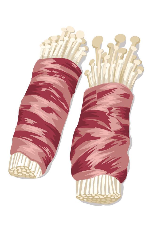 Enoki mushroom sliced meat roll issolated on white vector