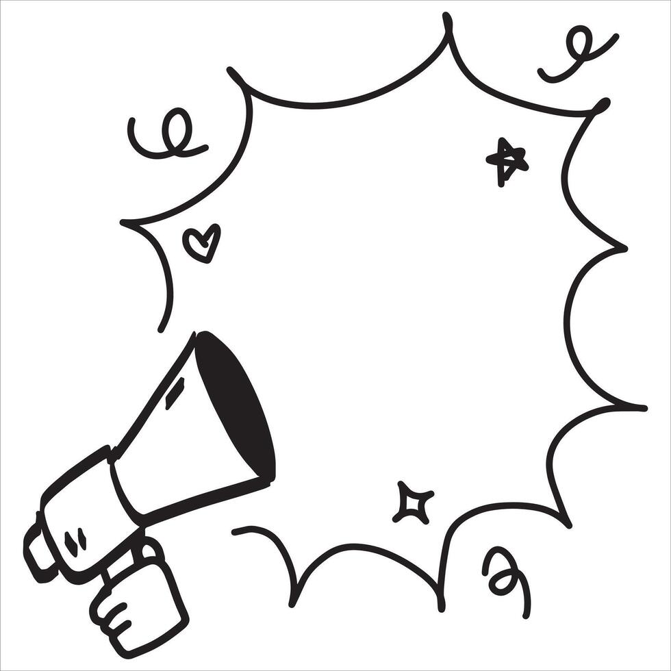 Loudspeaker doodle. Sketch media propaganda. Marketing megaphone announce or broadcast. Emergency bullhorn speaker. Cartoon alert warning vector