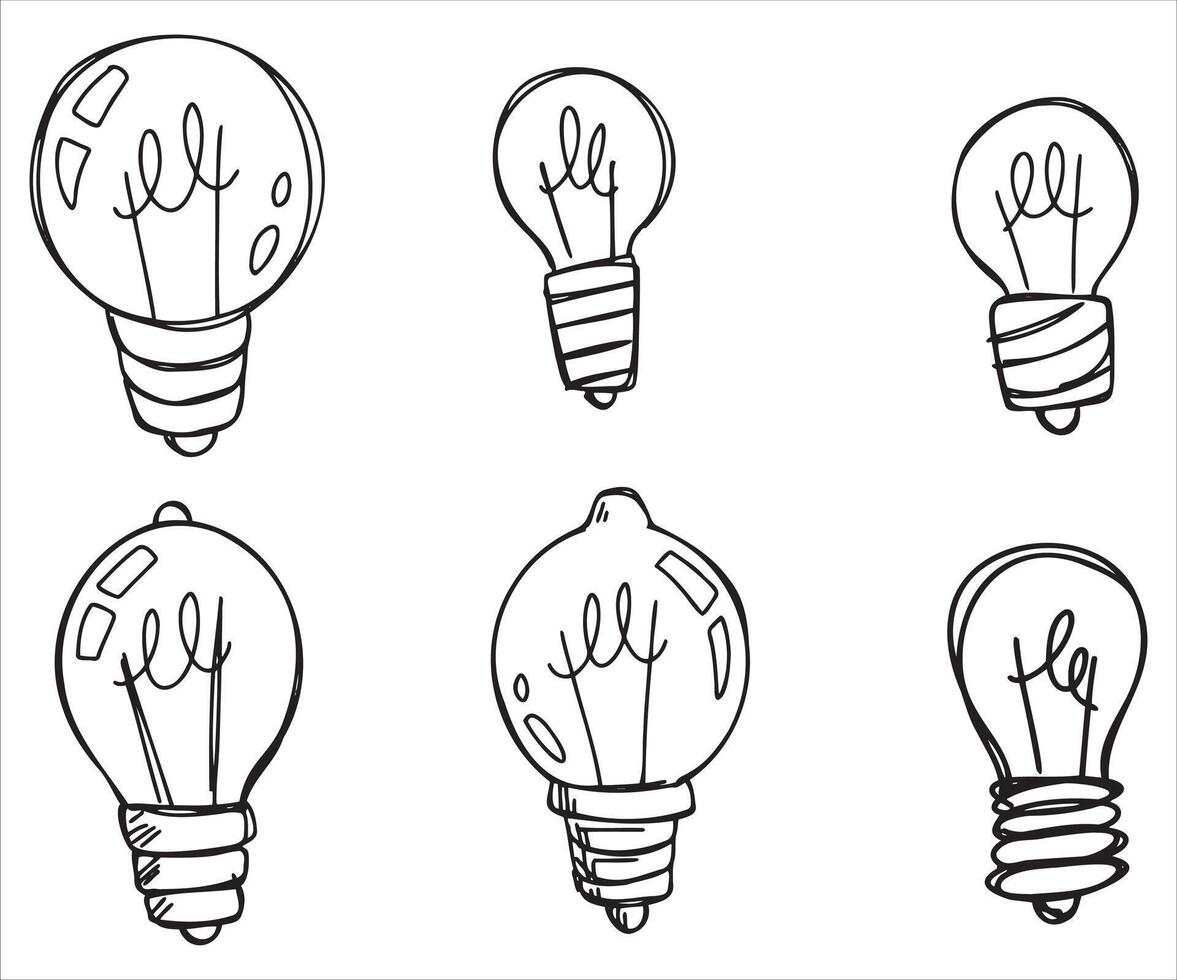 Lightbulb drawing. Light Bulb idea invention. Black and white inspiration illuminated symbol. Simple line glass doodle lamp vector
