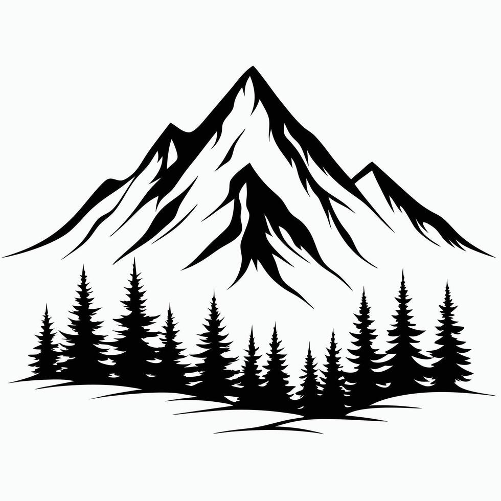 Minimalist Mountain Peak Design Black Silhouette with Pine Forest and Jagged Outline vector