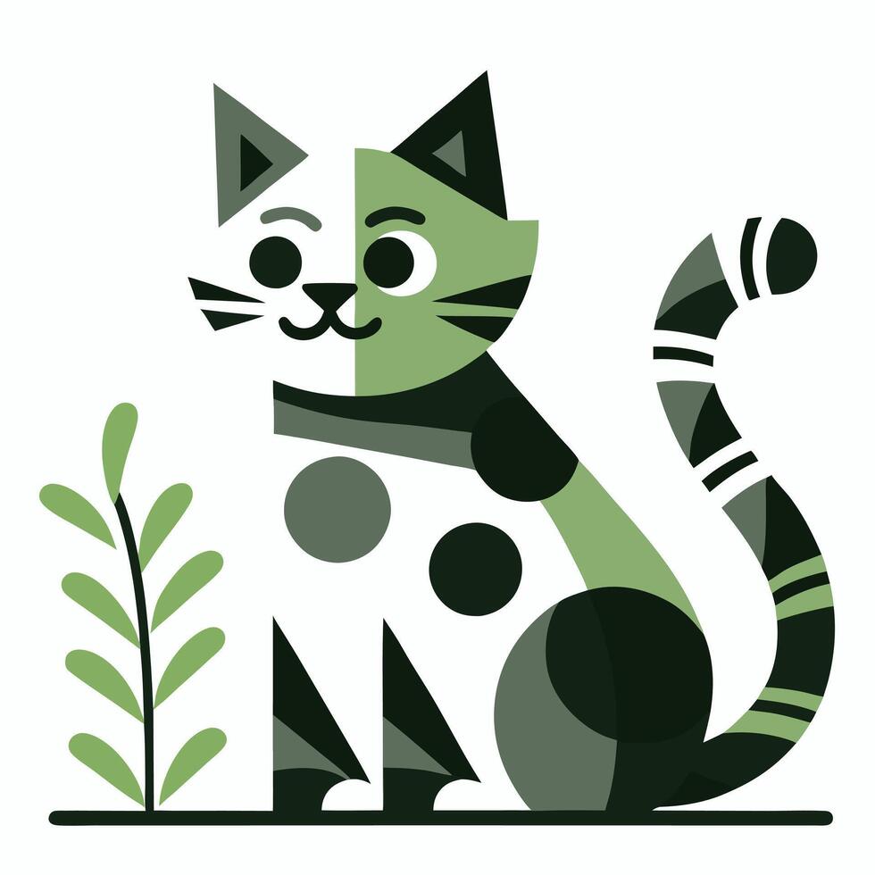 Cute Stylized Cat Illustration in Green and White Playful Cartoon Kitty Art vector