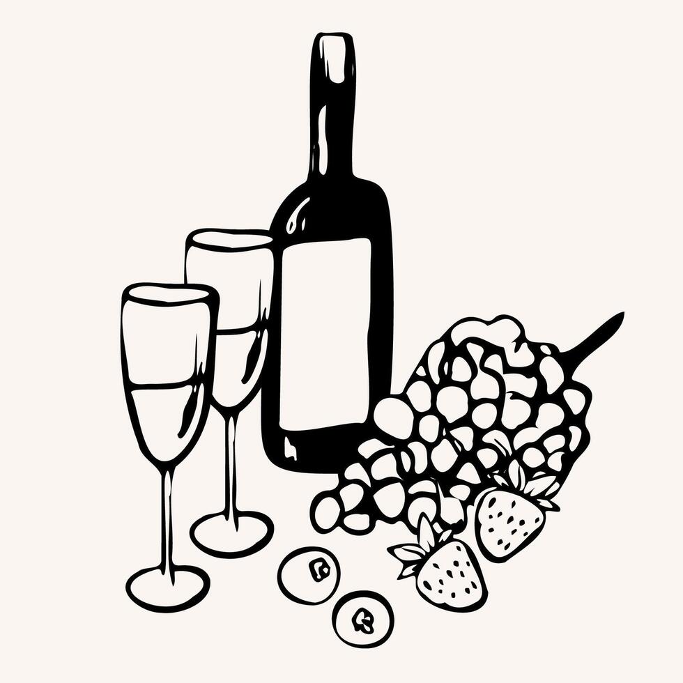 Hand drawn dinner composition with wine bottle glasses, grapes, strawberries. illustration in sketch whimsical line art style. For menu, label, packaging decor, culinary cards, engraving vector