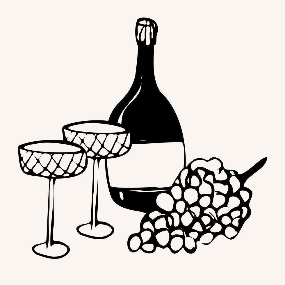 Hand drawn outline dinner composition with wine bottle, glasses and grapes. illustration in sketch whimsical line art style. For menu design, label, packaging, kitchen decor, engraving projects vector