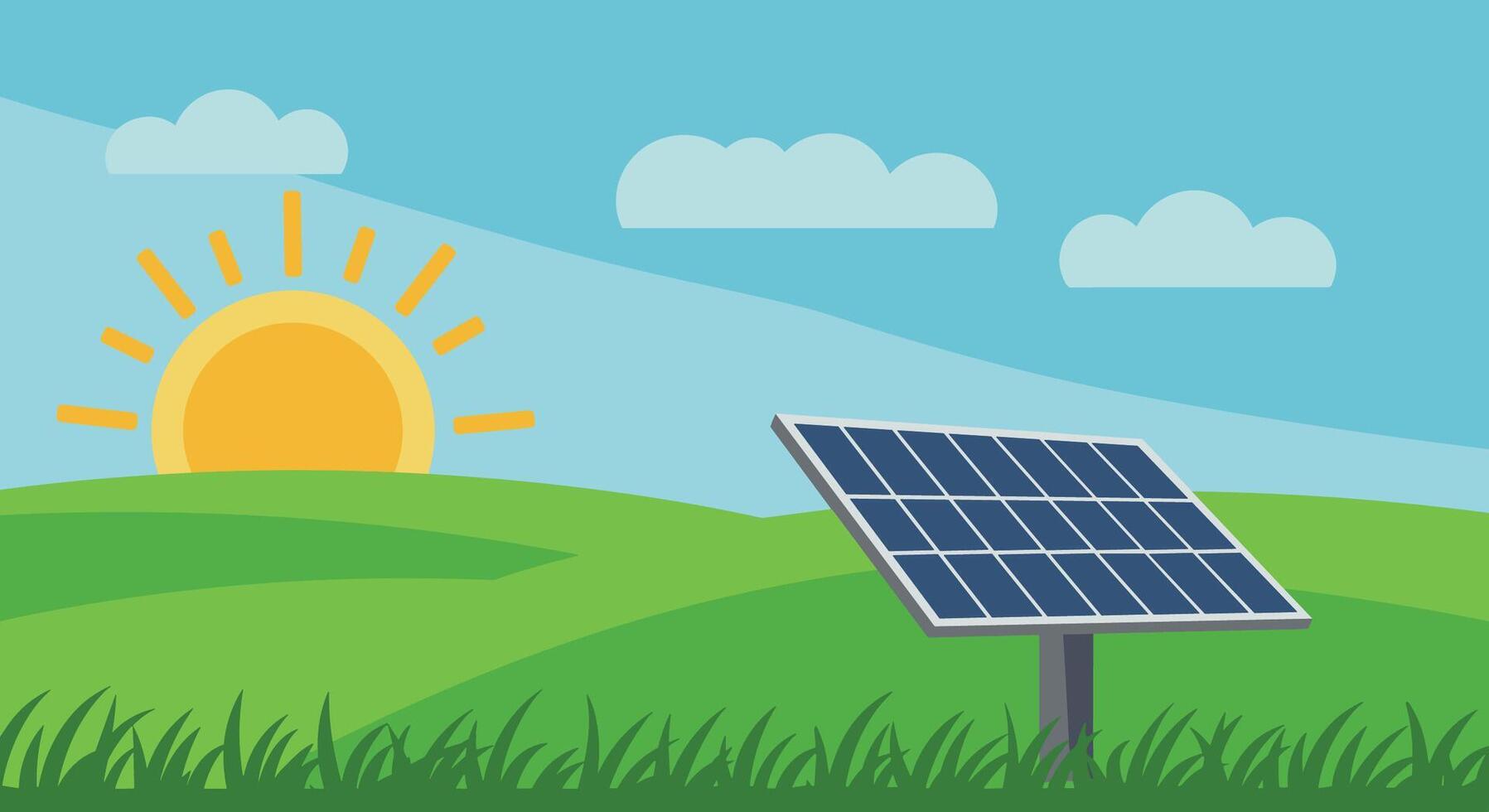 Solar panels in green field under sun with blue sky background. World Environment Day vector