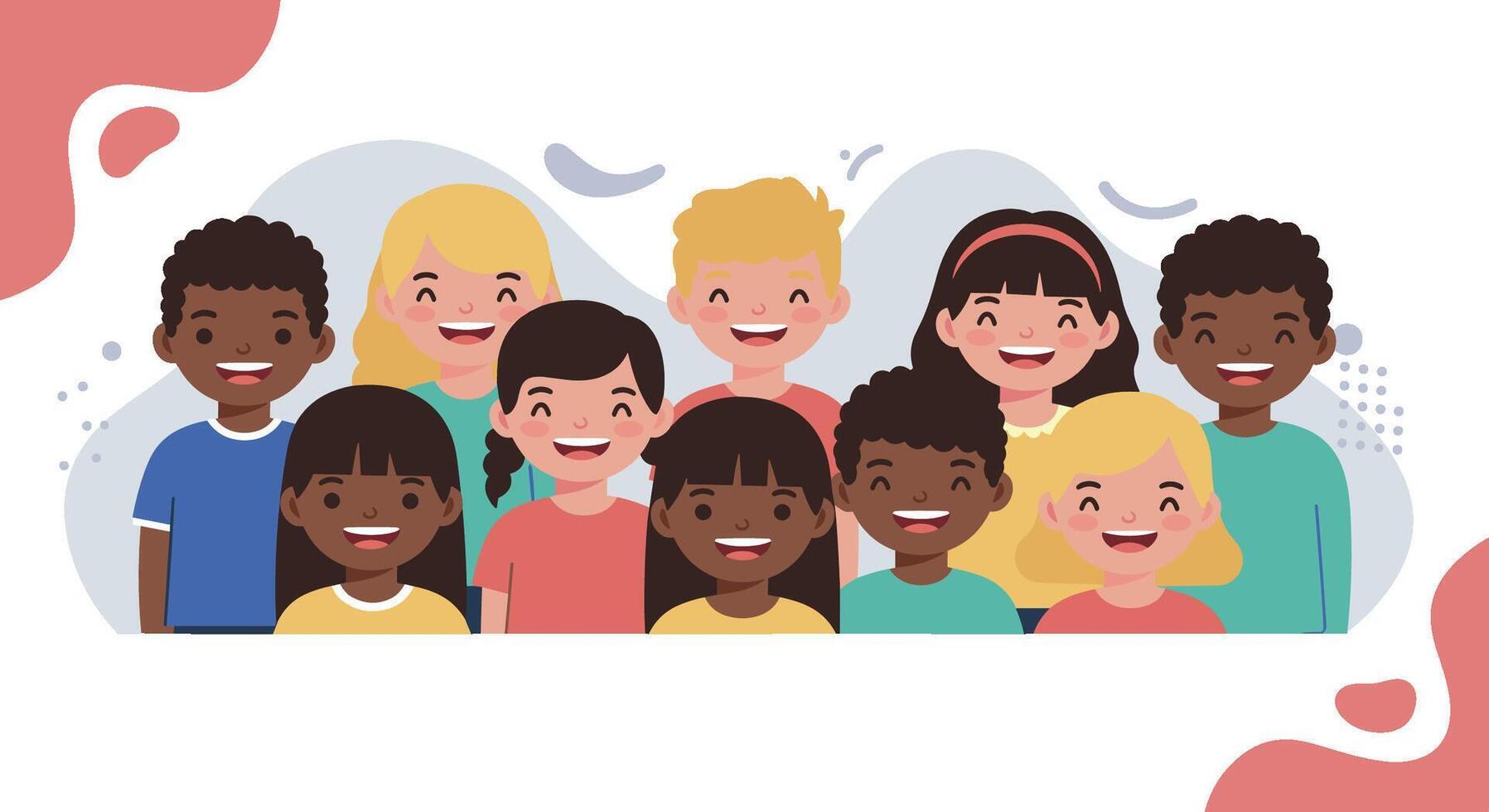 Diverse group of smiling children on white background with shapes vector