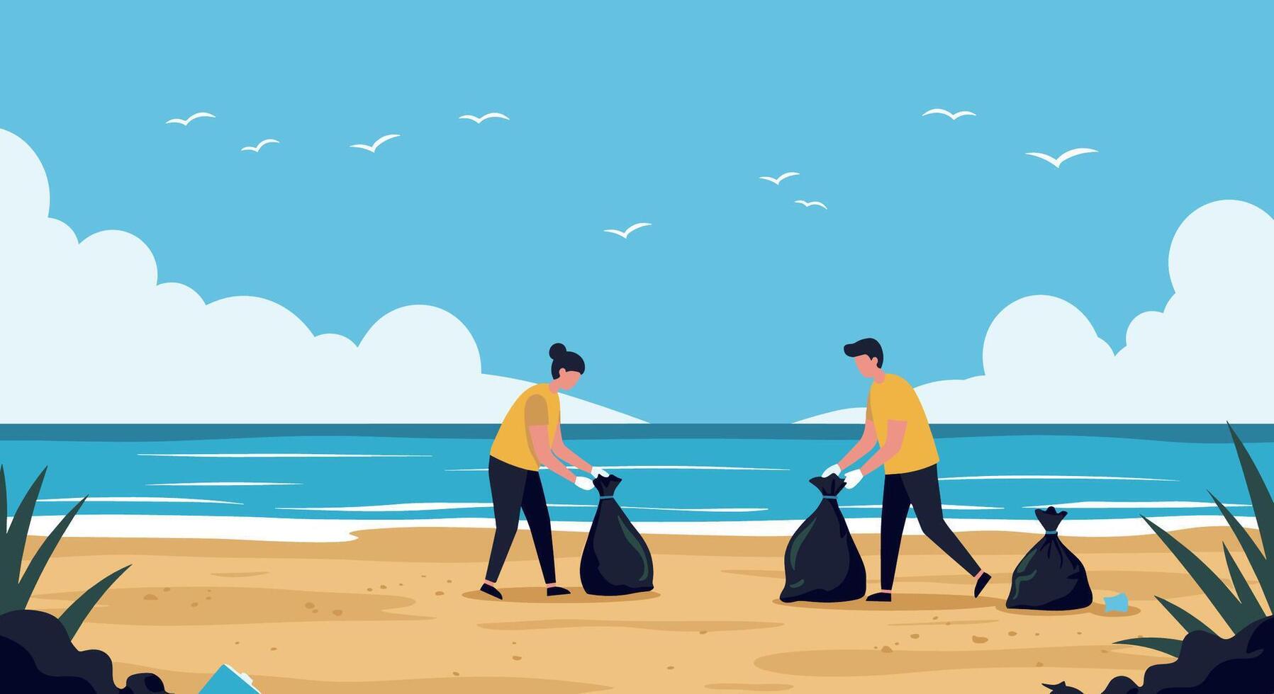 People picking up trash on sandy beach with blue sea background. World Environment Day vector