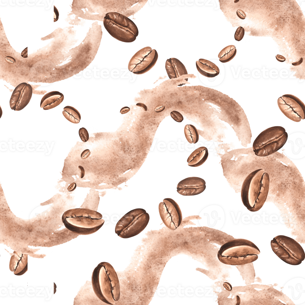 Roasted coffee beans and paint splashes. Seamless pattern. Watercolor hand drawn illustration. Ingredient for aromatic hot drink. Template for food design, wallpaper, textile, packaging. png