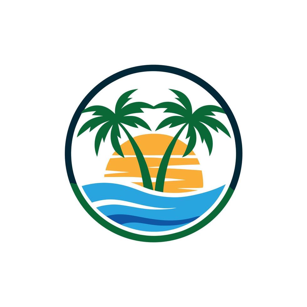 Palm Trees With Sunset And Ocean View Tropical Beach Circular Logo vector