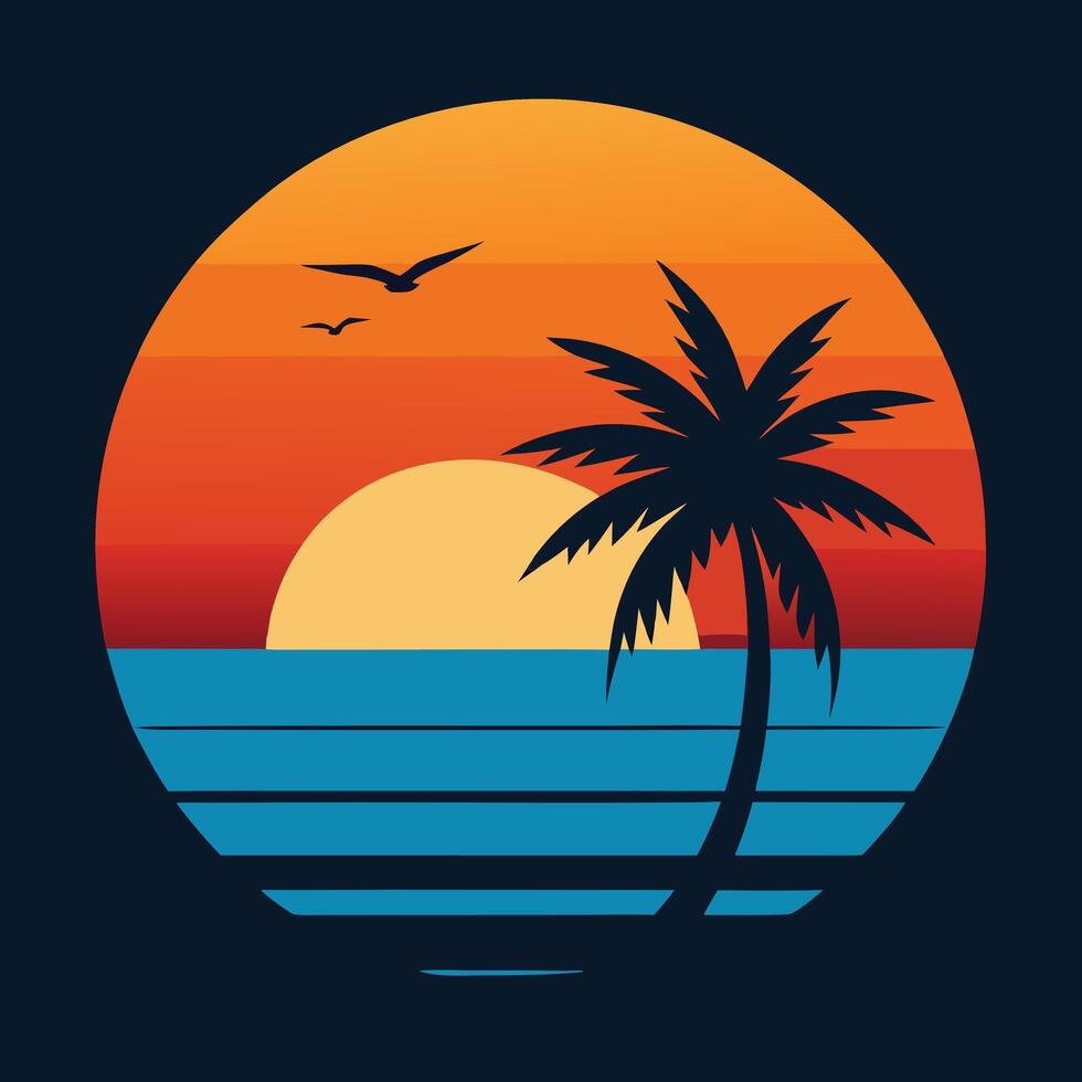 sunset on palm tree silhouette illustration design. vector
