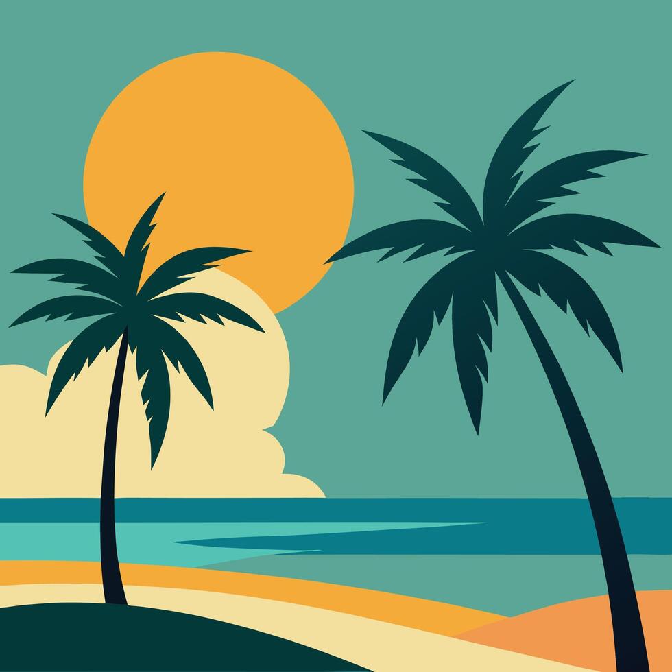summer beach scene with palm tree and waves colorful design. vector