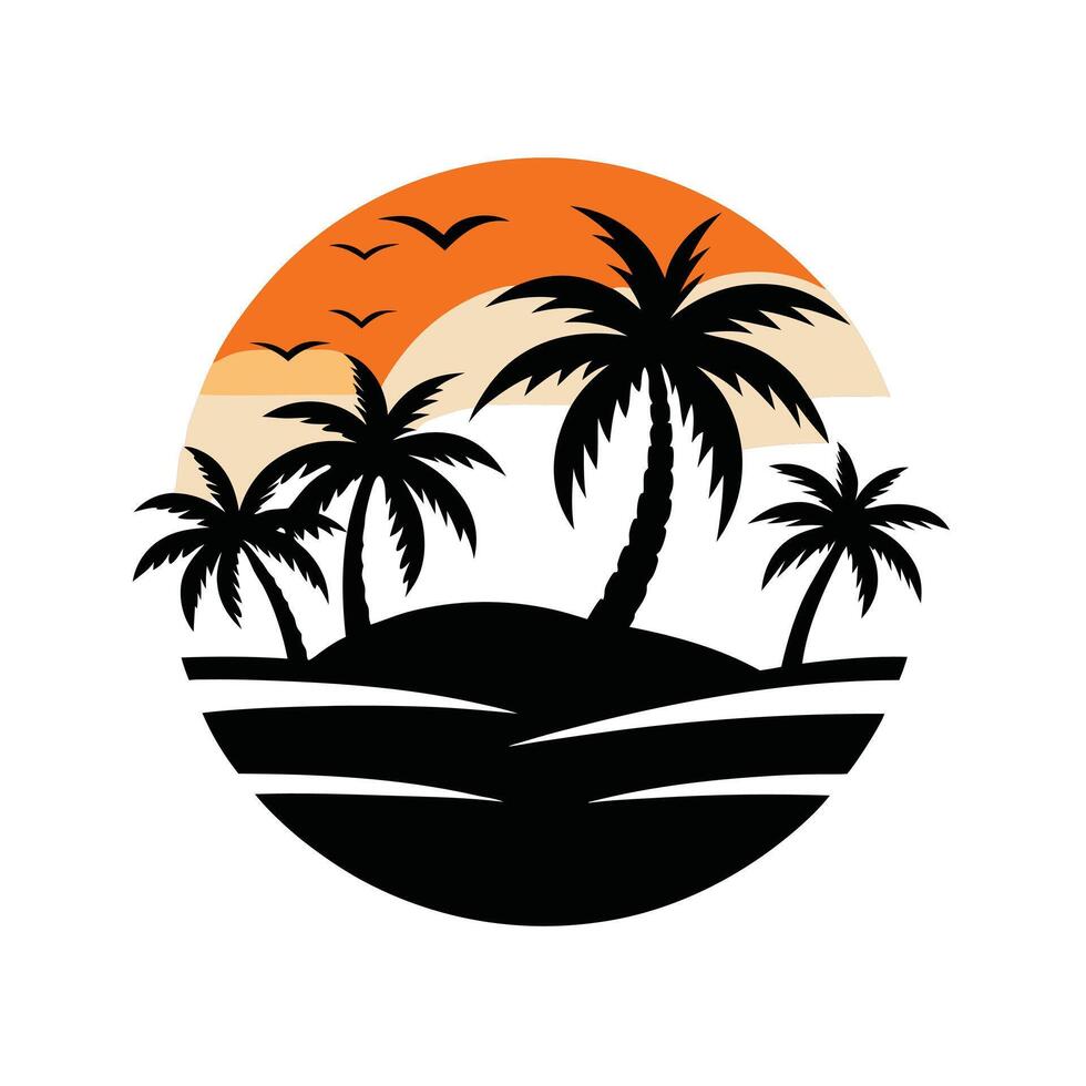 Tropical Island Sunset Silhouette With Palm Trees And Flying Birds Illustration. vector