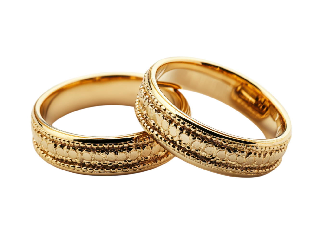 Classic Gold Wedding Rings with Engraved Patterns. Isolated on a Transparent Background png