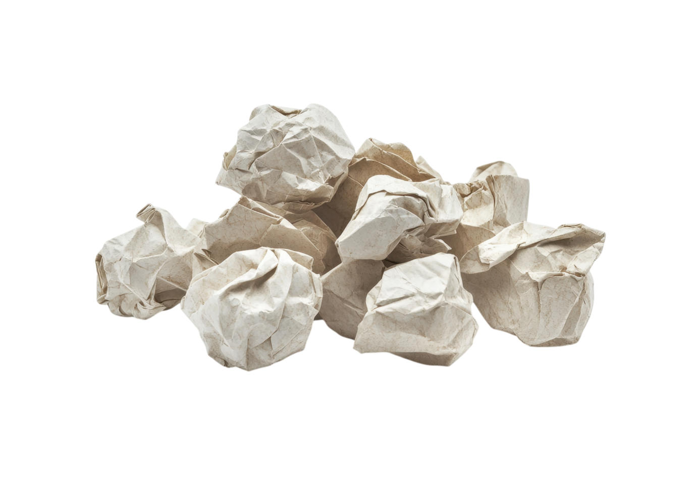 Group of Torn Paper Balls with Rough and Uneven Surfaces. Isolated on a Transparent Background png