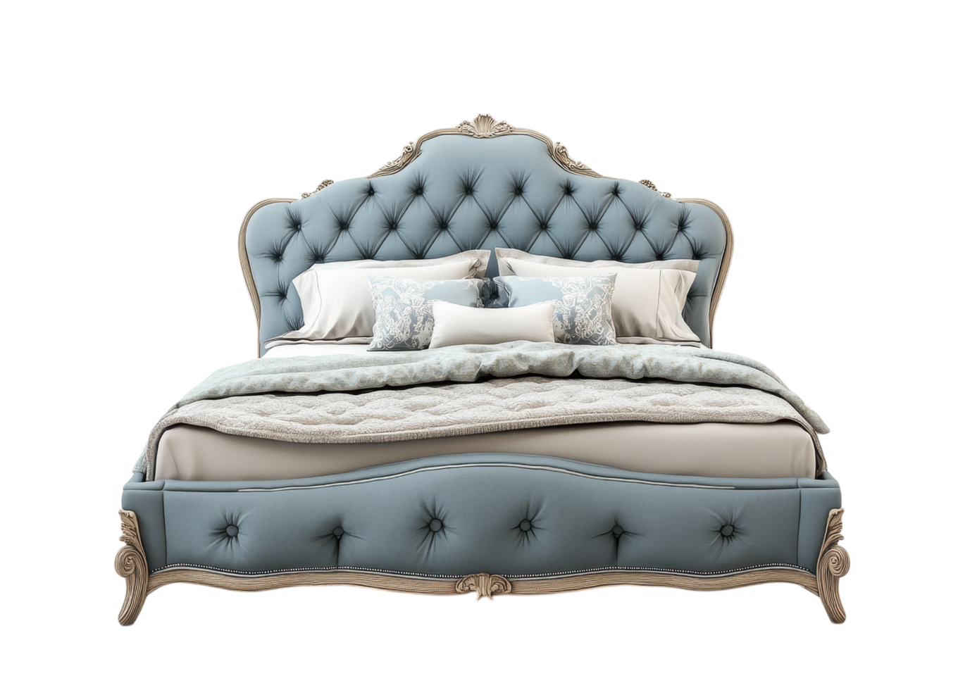 Vintage-Inspired Blue and White Bed with Ornate Details. Isolated on a Transparent Background png