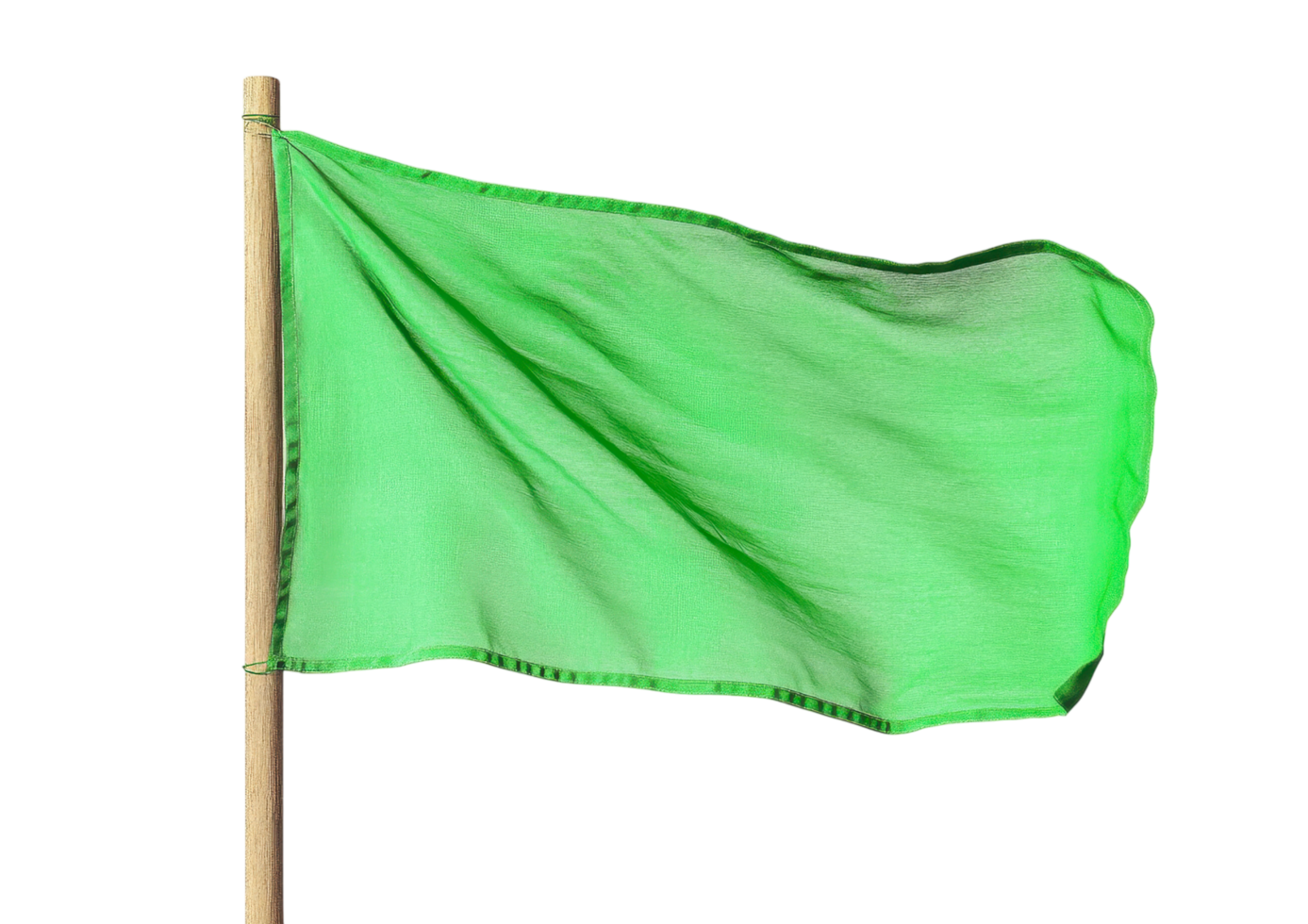 Vibrant Green Flag Fluttering in the Wind on a Wooden Stick. Isolated on a Transparent Background png