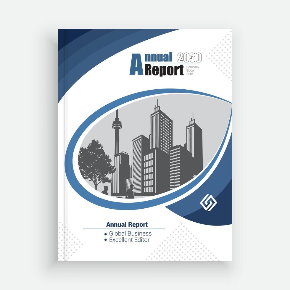Blue annual report cover with a city layout vector