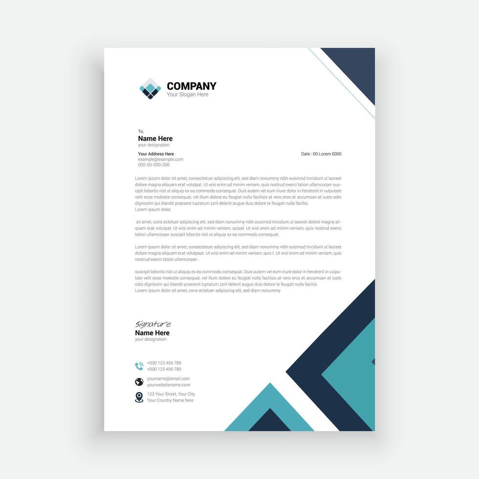 a letterhead template with blue and black geometric design. vector