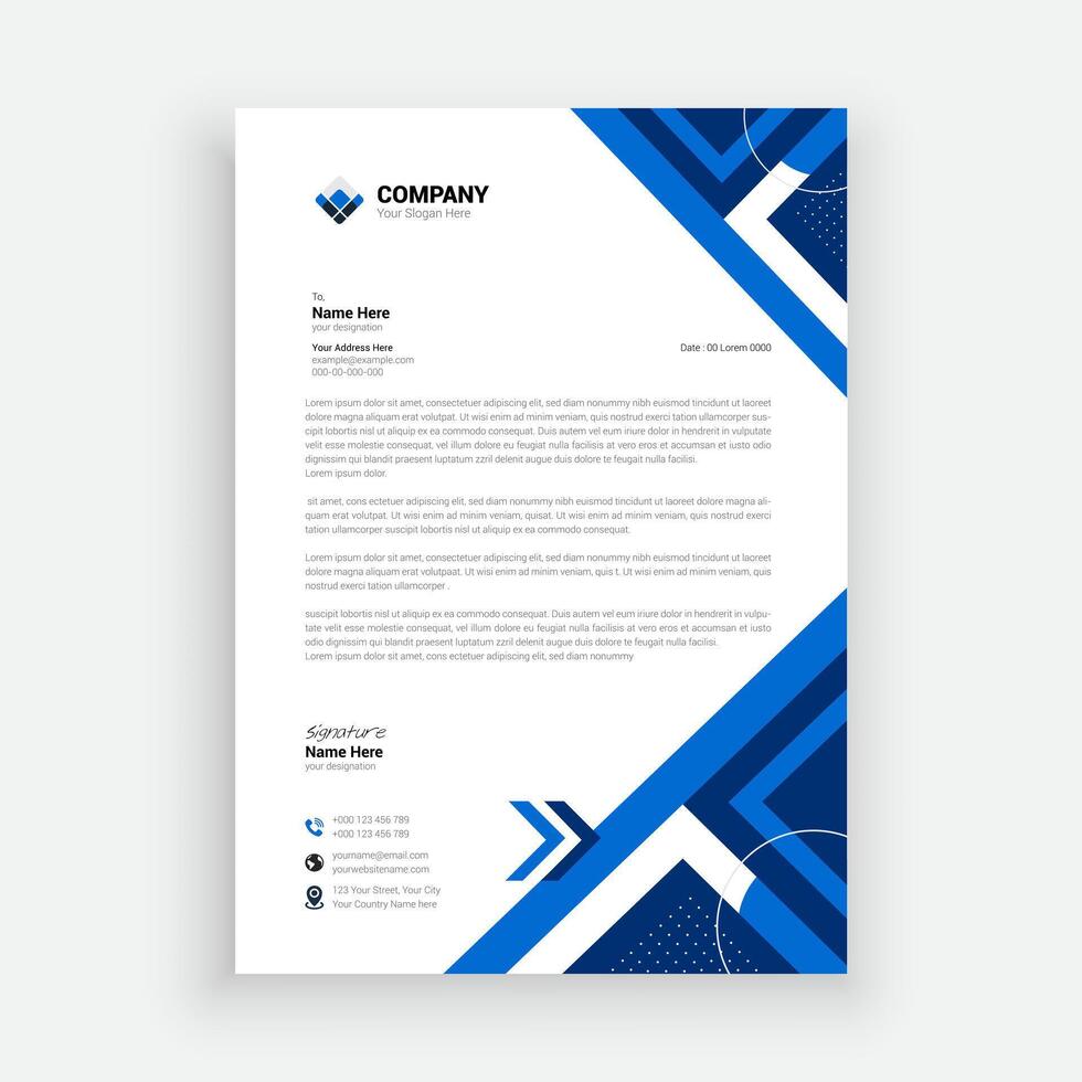 a blue and white letterhead with a geometric design vector