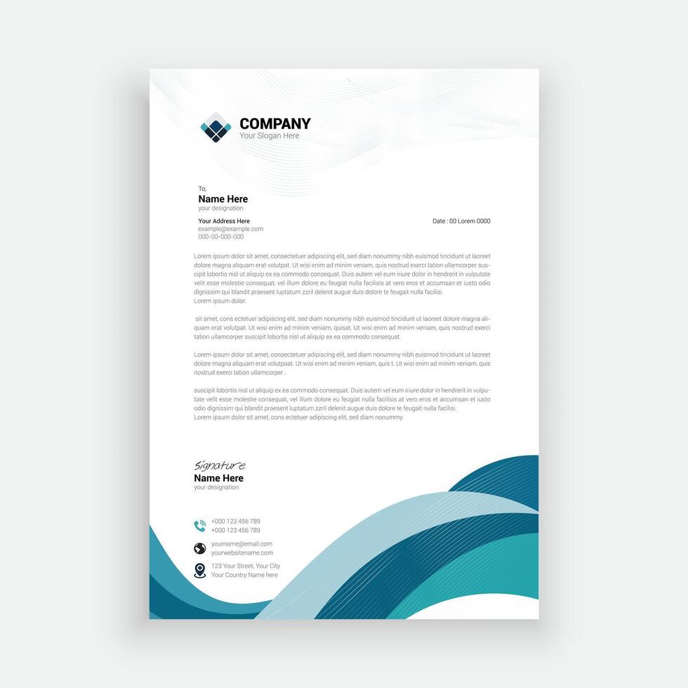 a letterhead template with a blue and green wave design vector