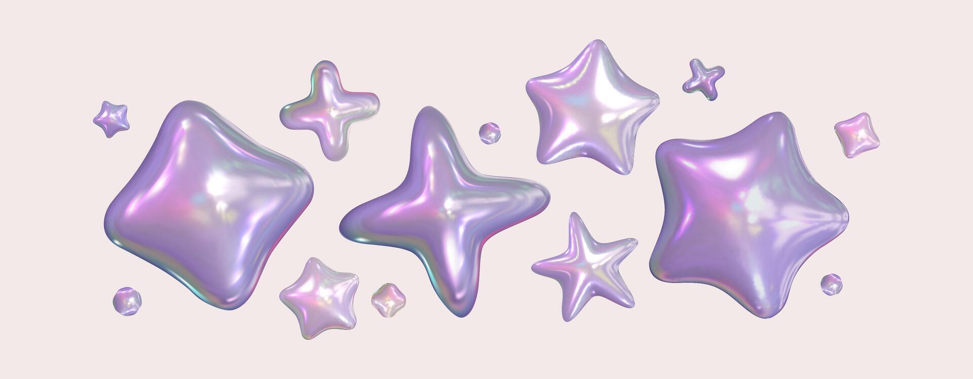Iridescent Purple Stars.3d chrome set holographic stars. Pearl fluid shapes. Isolated silver abstract elements in y2k style and 90s design vector