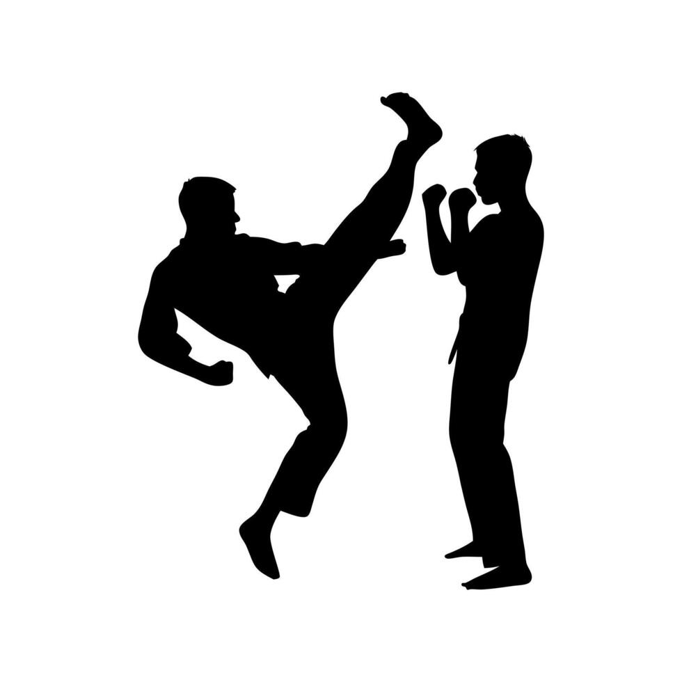 Silhouette Of Two Martial Artists Sparring High Kick Training Self Defense Technique Against White Background Illustration For Combat Sport vector