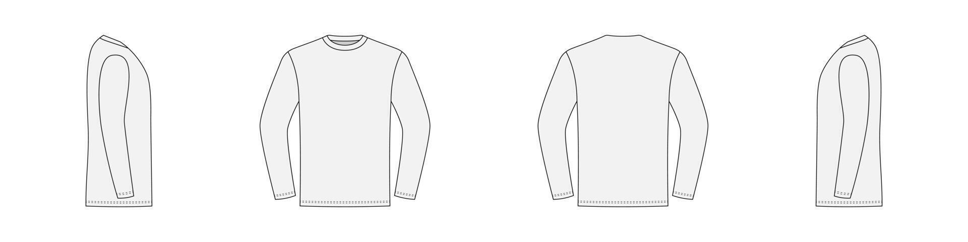 Casual long sleeve tshirt front and side back view. Sketch shirt unisex pattern for everyday wear and sports vector