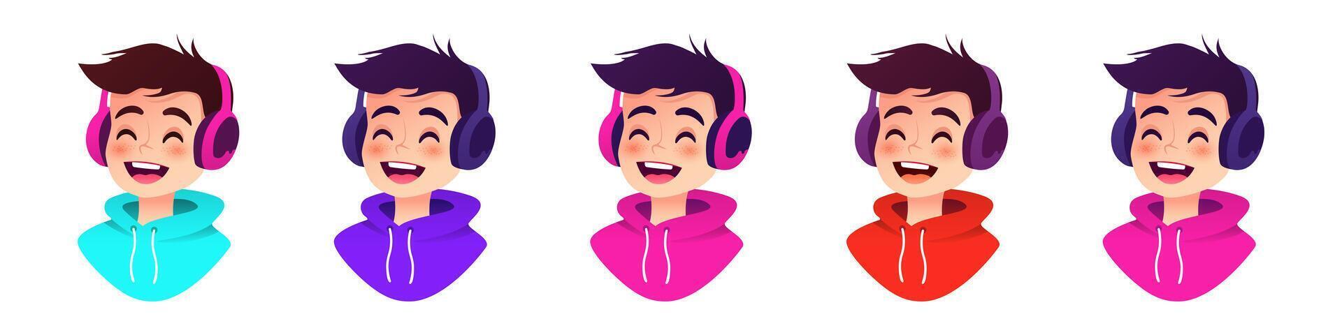 Teenage boy in headphones set. Cheerful kid in colorful hoodies laughing joyfully listening to music and trendy podcast vector