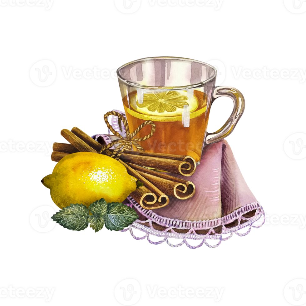 A cup of tea with lemon, cinnamon. Glass transparent cup filled with tea. Watercolor illustration. png