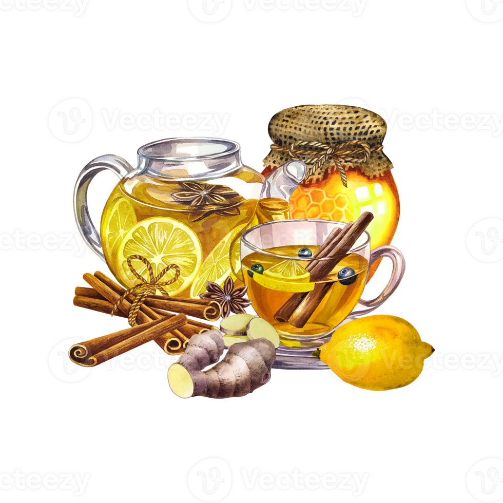 Fragrant antiviral tea with lemon, cinnamon and ginger and honey. Glass teapot and cup with vitamin tea against colds. png