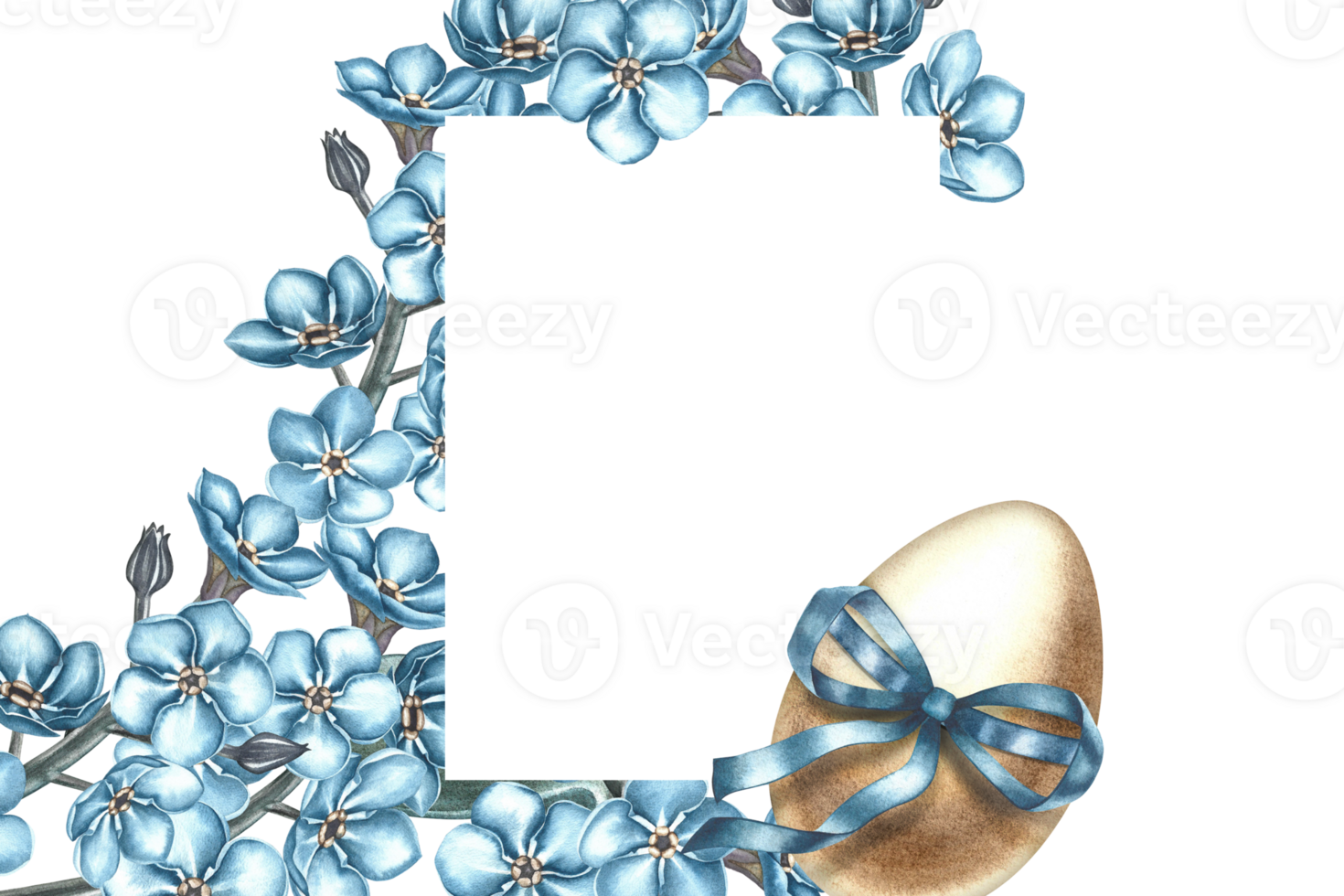 A frame of forget-me-nots and Easter eggs. A hand-drawn watercolor illustration. Blue floral pattern. For greeting cards and Easter invitations. For packaging, labels and posters. png