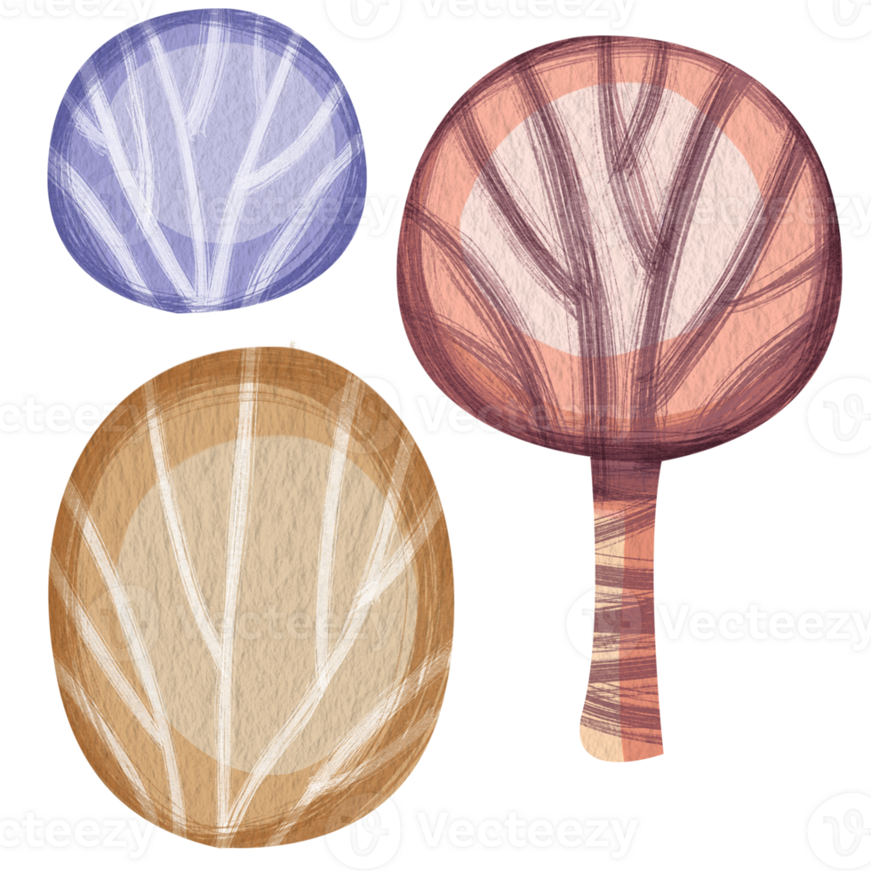 Clip art illustration of three watercolor multi colored bushes. Bizarre cartoon tree illustration without background for children books or games. Rounded shape and different colors. brown, blue, red png
