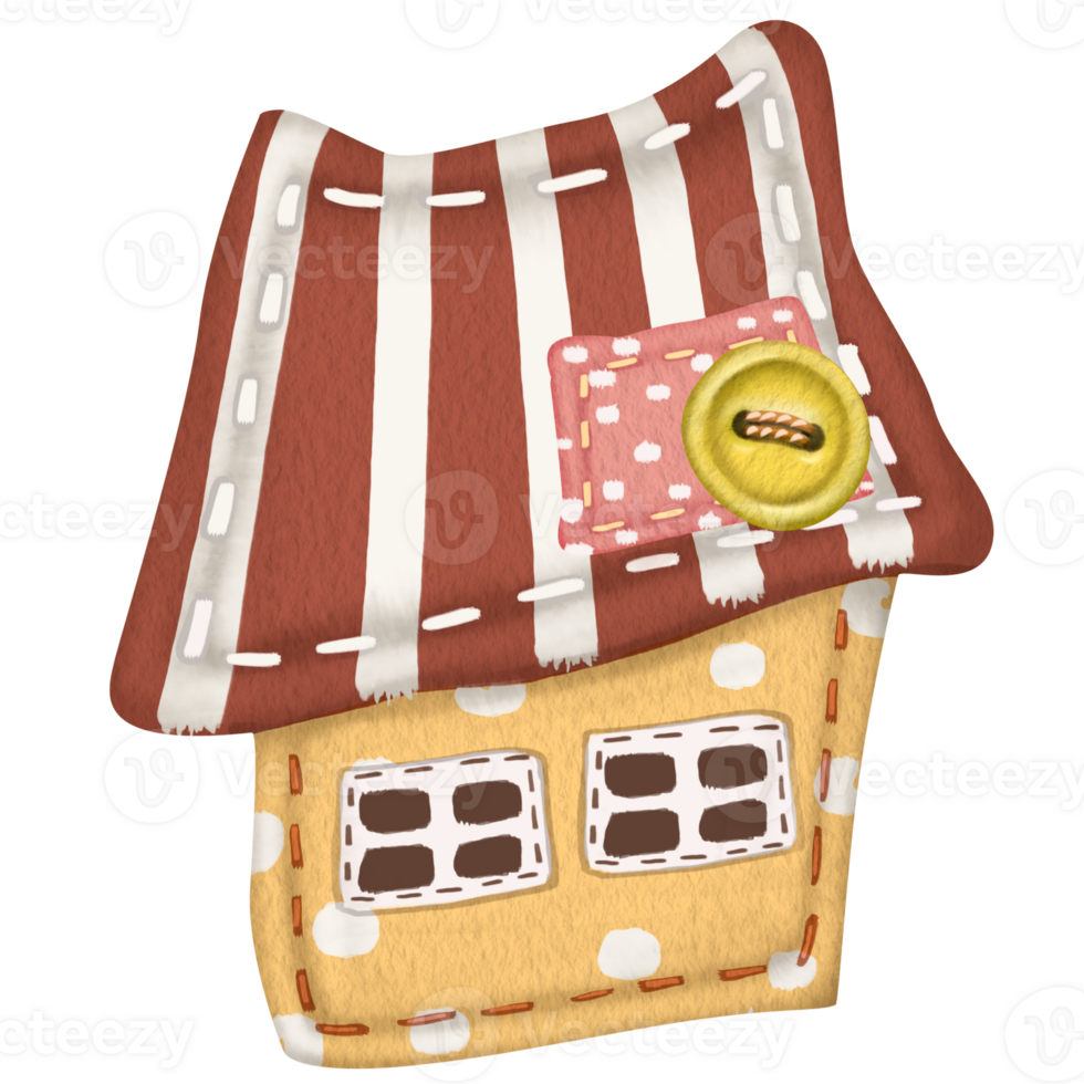 Textile house for decoration. Watercolor illustration handmade crafts. Cute cozy home for printing postcards, notebooks, stickers, dishes, T-shirts, etc. Design of a site on sewing and needlework. png