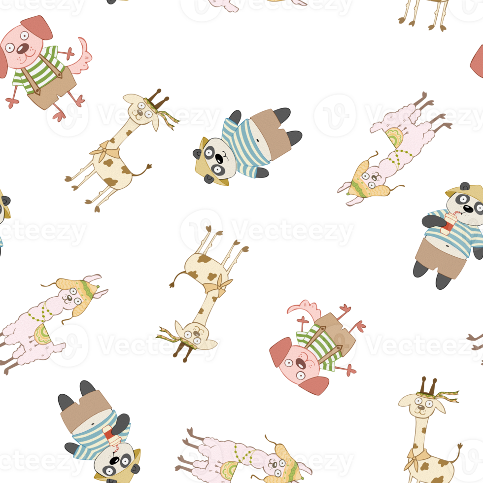 Seamless pattern of cartoon animals. Abstract childish stylized panda, dog, giraffe and alpaca without background. Perfect for printing on fabric, clothes, wallpaper, carpets, wrap paper packages, etc png
