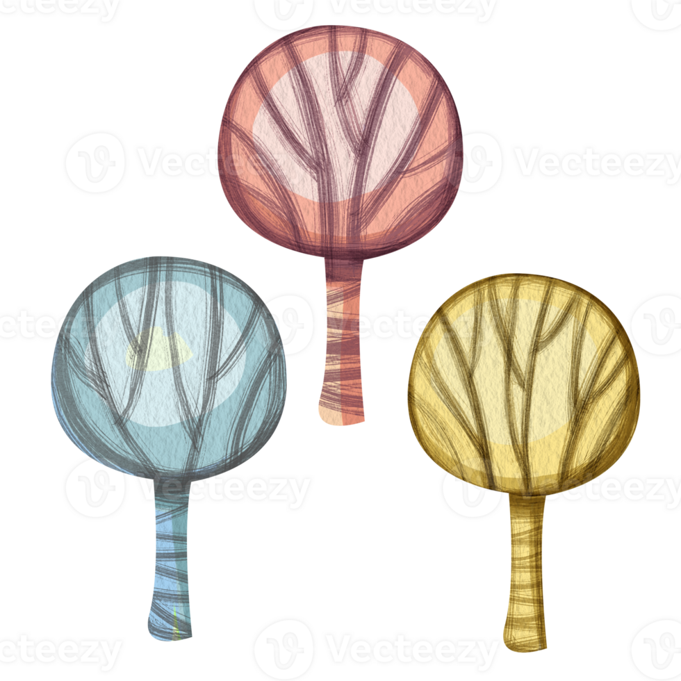 Clip art illustration of three watercolor multi colored trees. Bizarre cartoon tree illustration without background for children books or games. Rounded shape and different colors. red, blue, yellow png