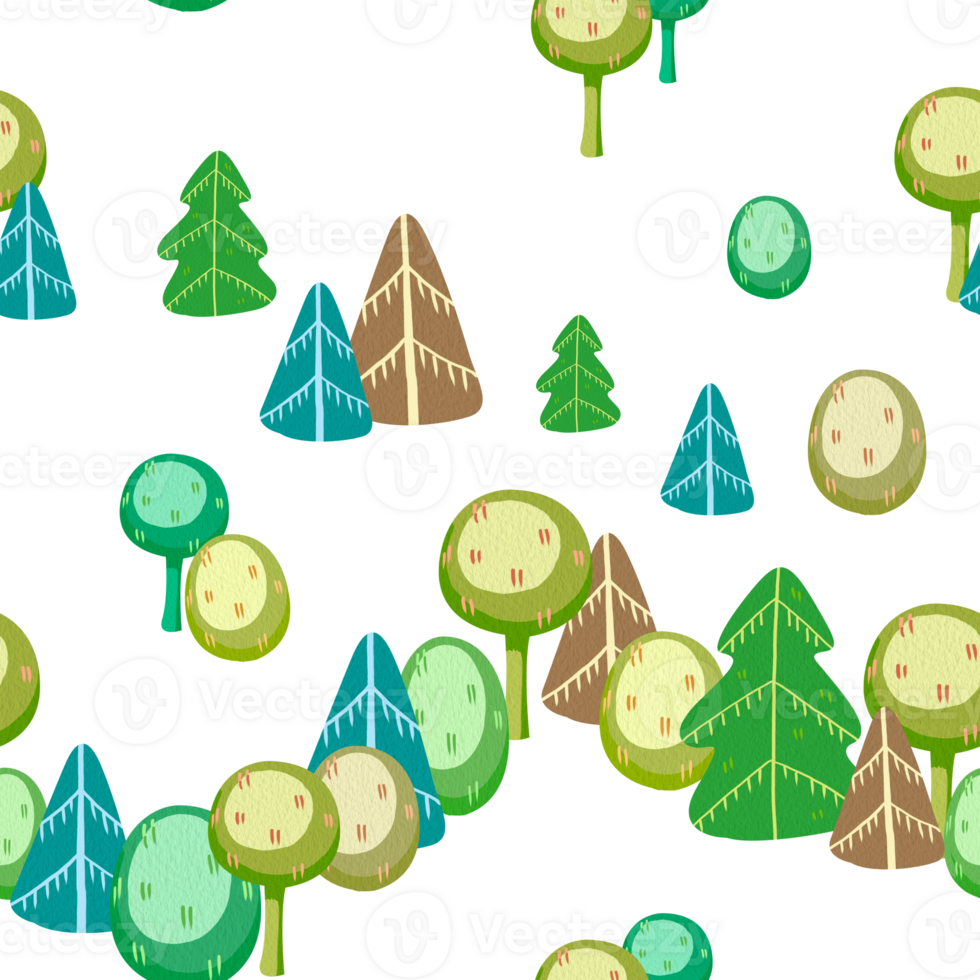 Seamless pattern of cartoon forest. Minimalist childish stylized trees, firs and bushes, without a background. Perfect for printing on fabric, clothes, wallpapers, carpets, wrap paper packages, etc. png