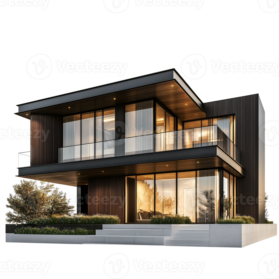 modern house with glass windows and balcony on transparent background png