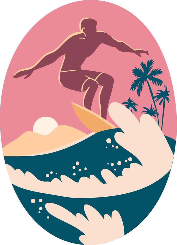 Surfing time, sunset , ocean poster illustration with surfing man , vintage retro style vector
