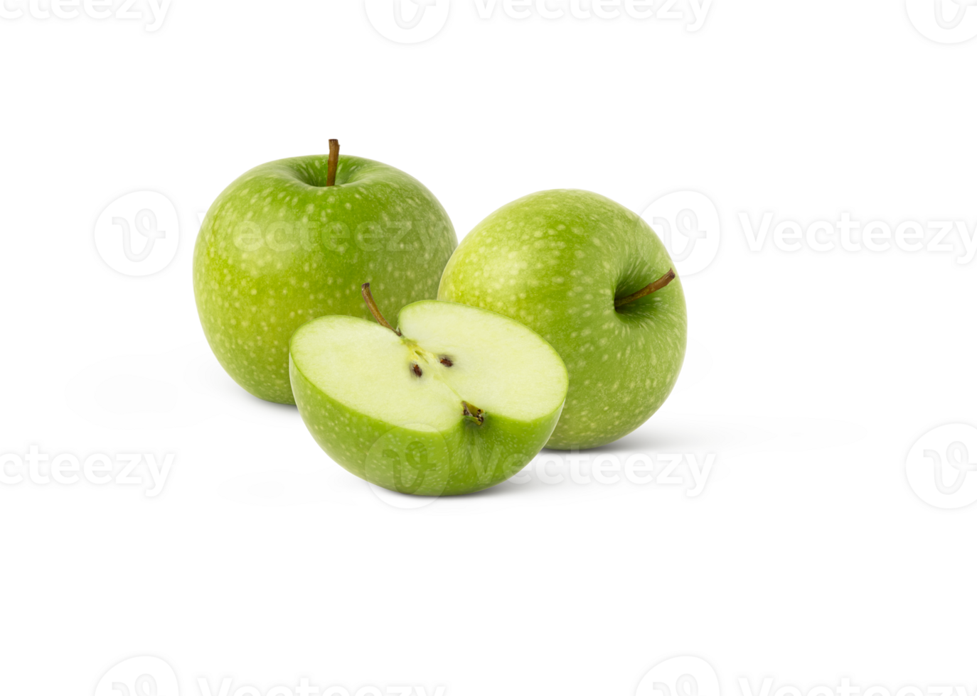 Green shiny apple and a half isolated. Granny smith apples and a slice. png