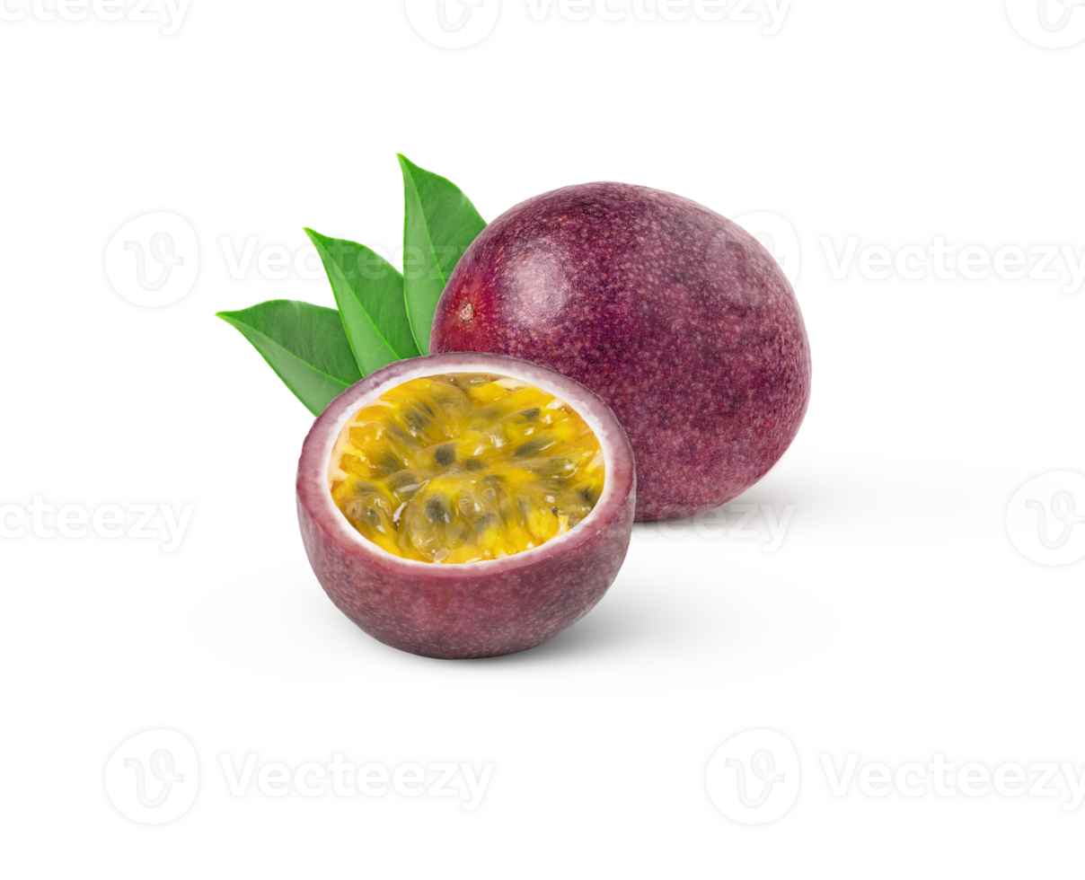 Fresh passion fruits isolated. One and a half maracuya isolated. Granadilla and a half with leaves. png