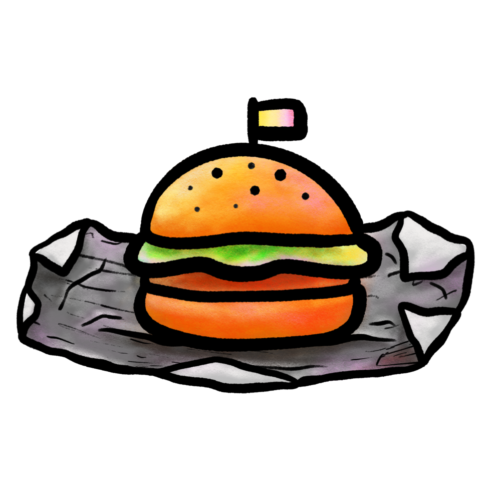 Cartoon hamburger on crumpled paper, bold black outline color doodle illustration png