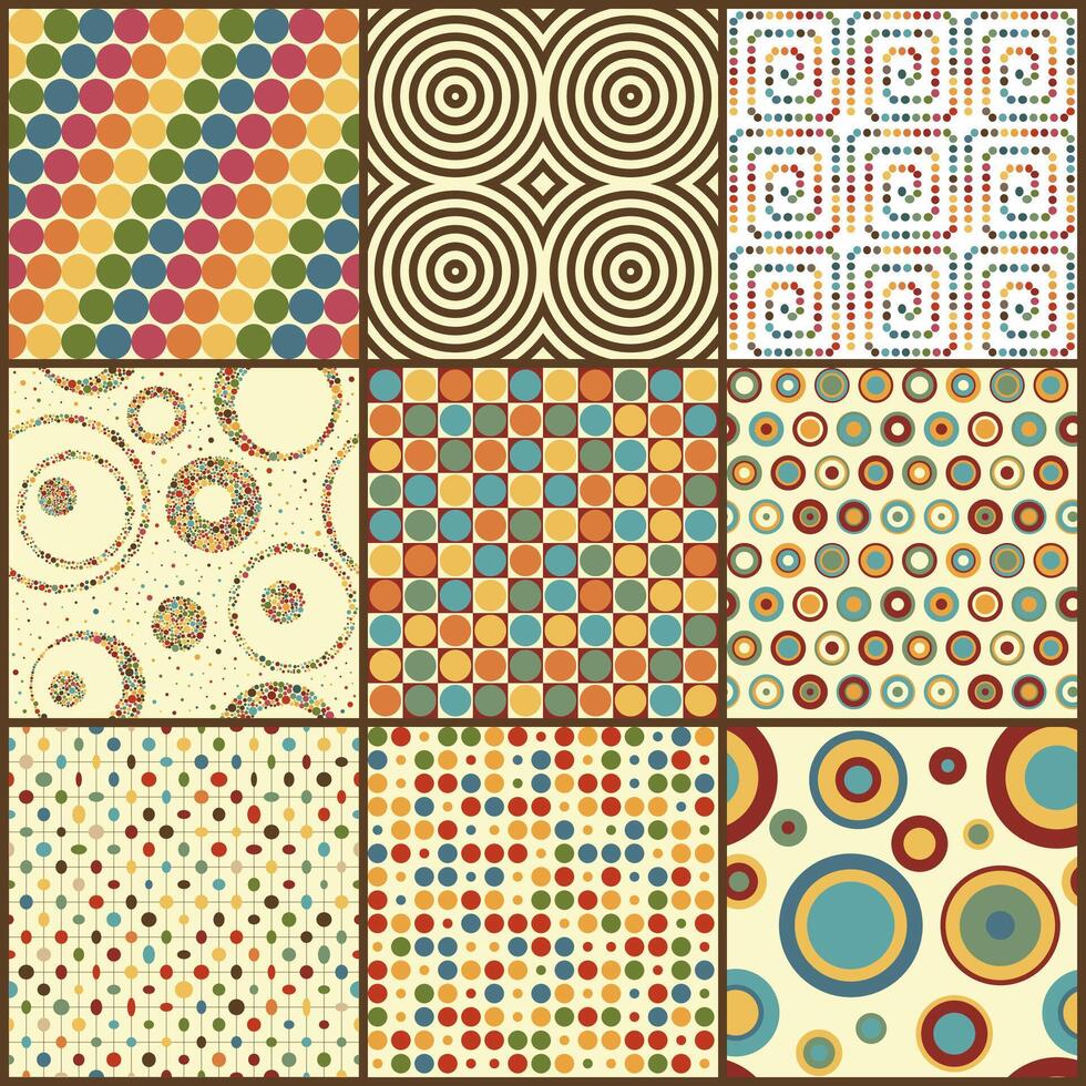 Set of nine retro geometric seamless patterns with circles vector