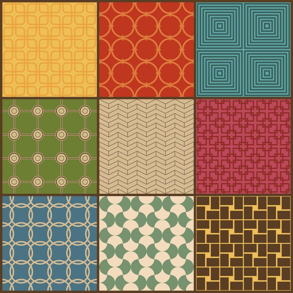 Set of nine retro simple geometric seamless patterns vector
