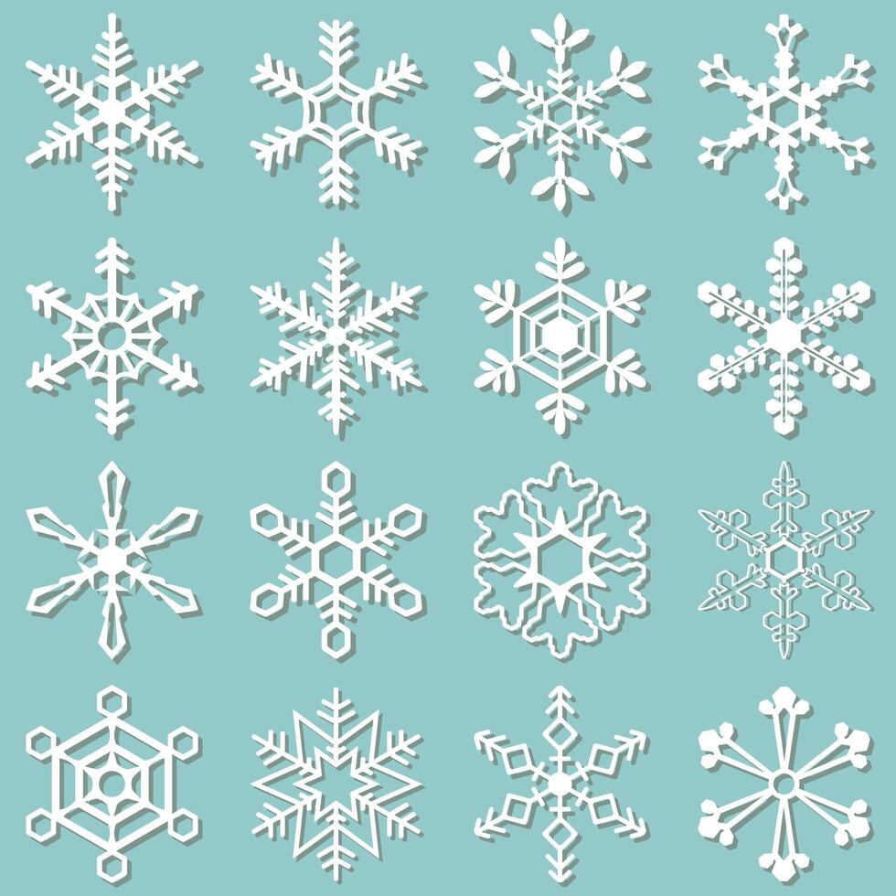 Collection of 16 different snowflakes on blue background vector