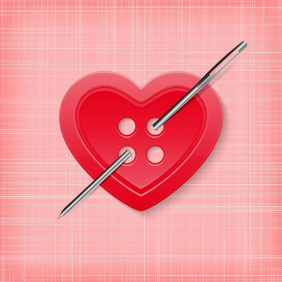 Heart-shaped button with a needle on a striped background vector