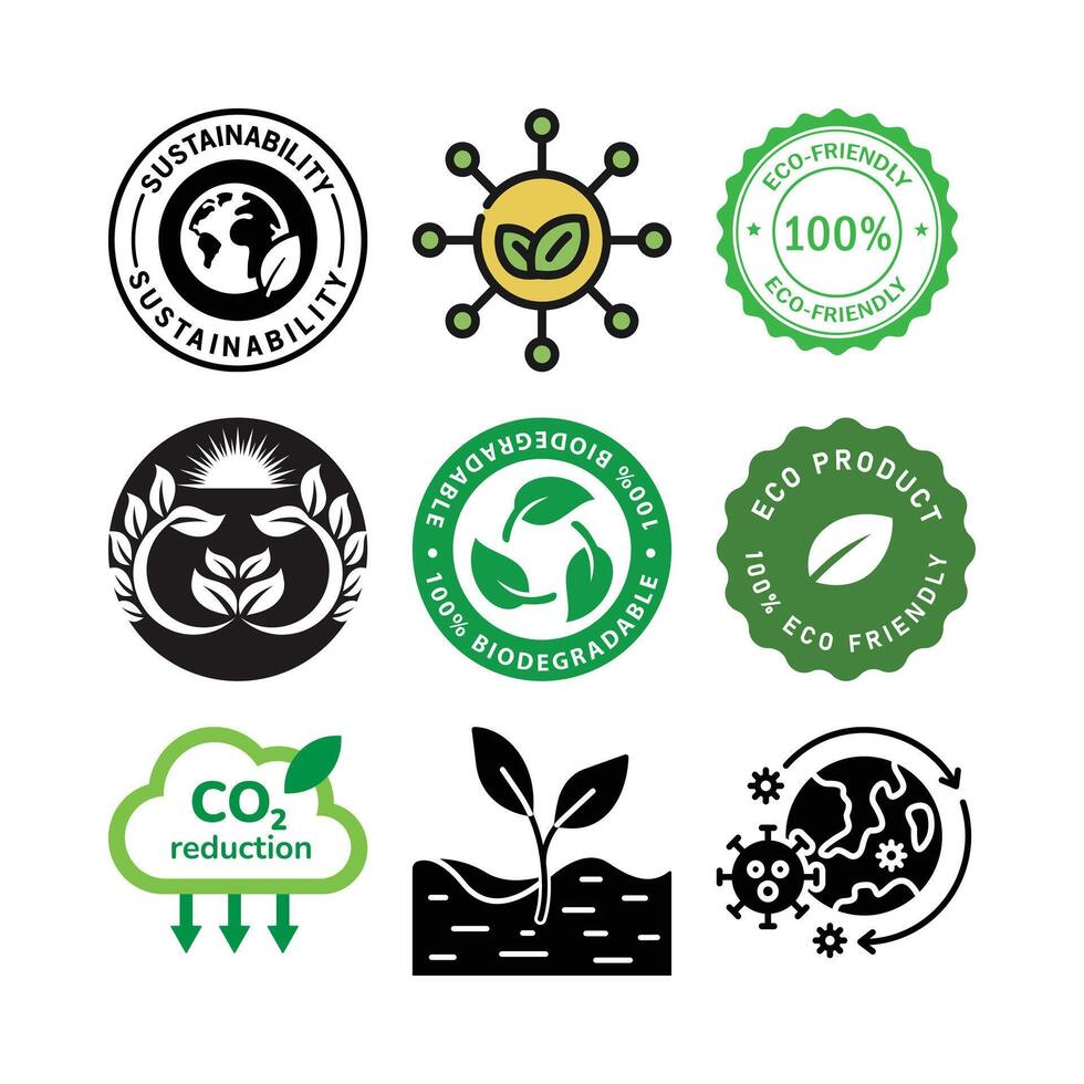 Eco Friendly And Sustainable Practices Vectors Icon Set Emphasizing Environmental Protection