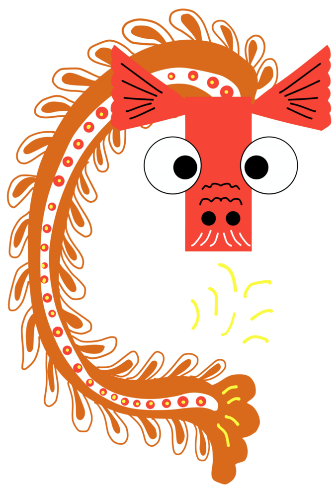 A cartoon dragon with a long tail and a big nose png