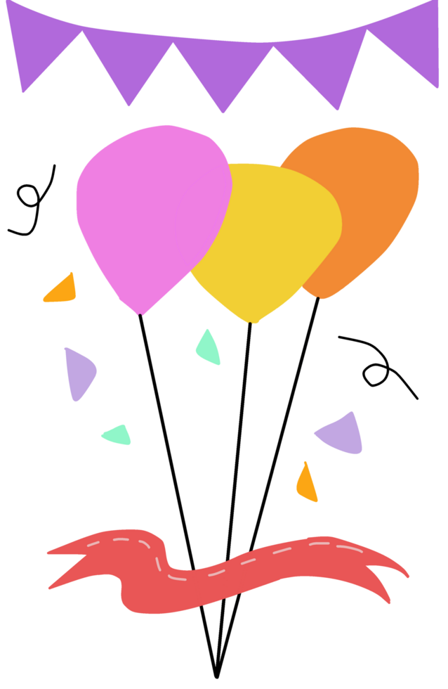 A birthday party with balloons and confetti png