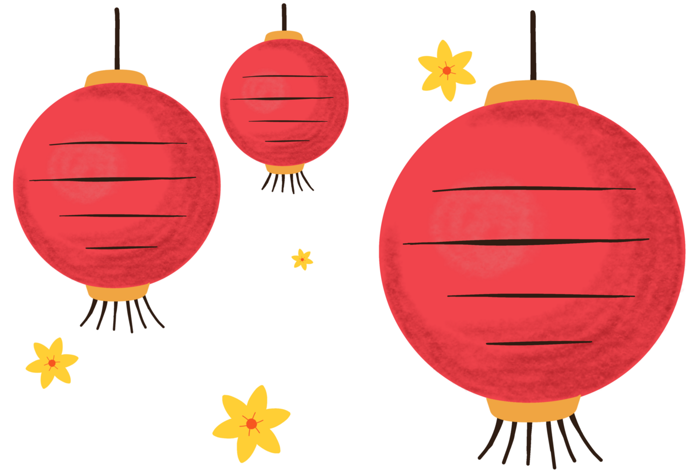 Three red lanterns with yellow flowers png